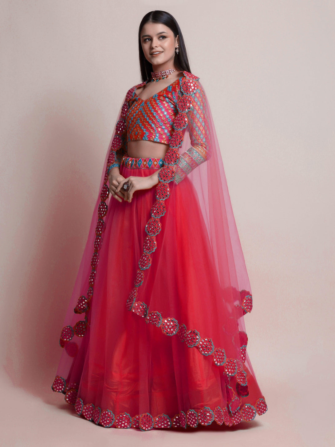 Red Net Lehenga Choli with Mirror-Work - Indiakreations