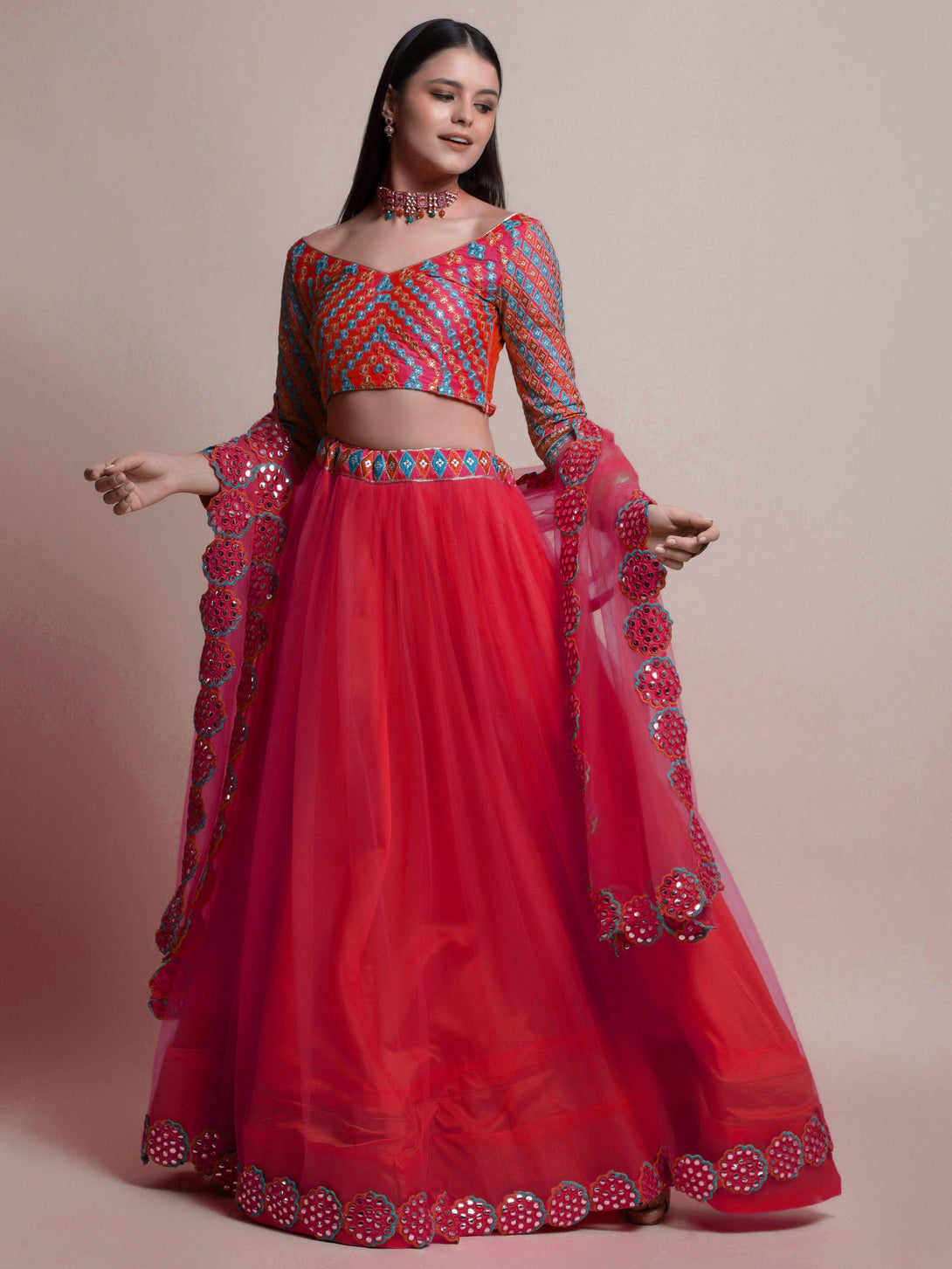 Red Net Lehenga Choli with Mirror-Work - Indiakreations