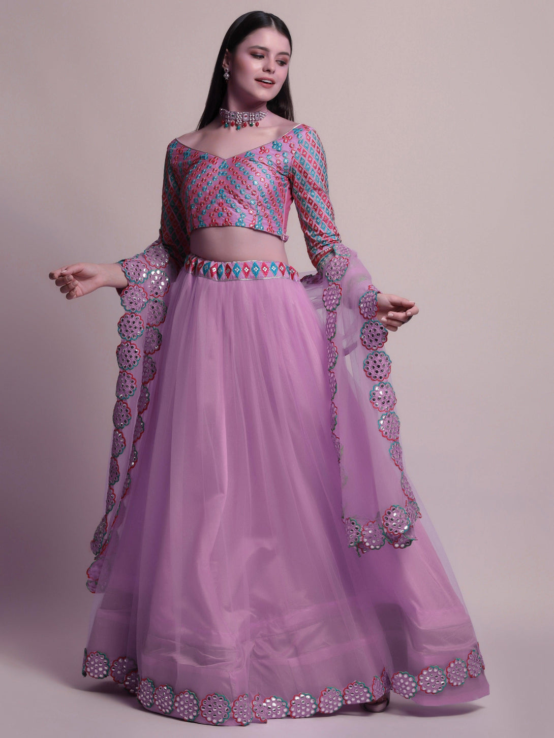 Lavender Net Lehenga Choli with Mirror-Work - Indiakreations