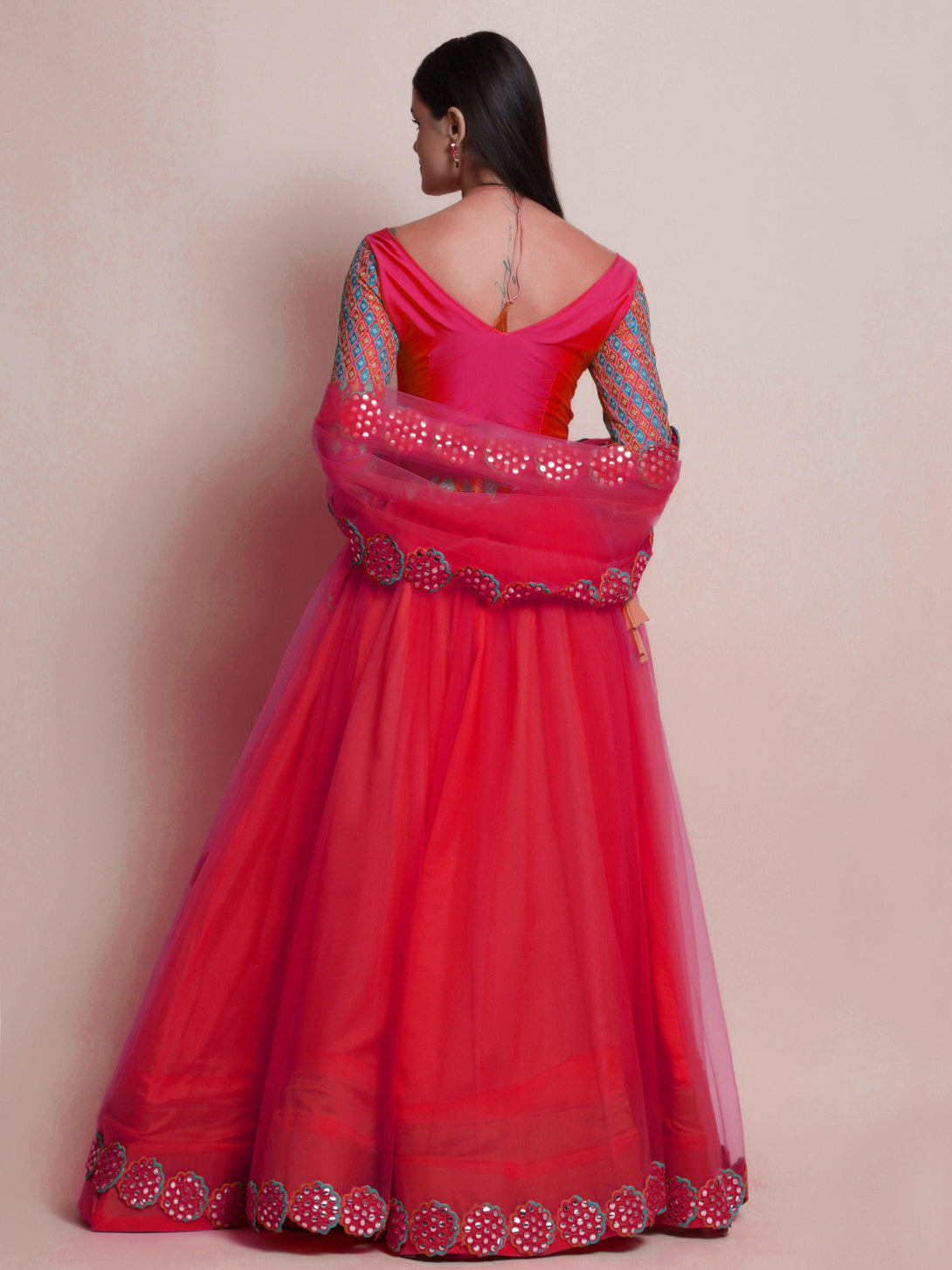 Red Net Lehenga Choli with Mirror-Work - Indiakreations