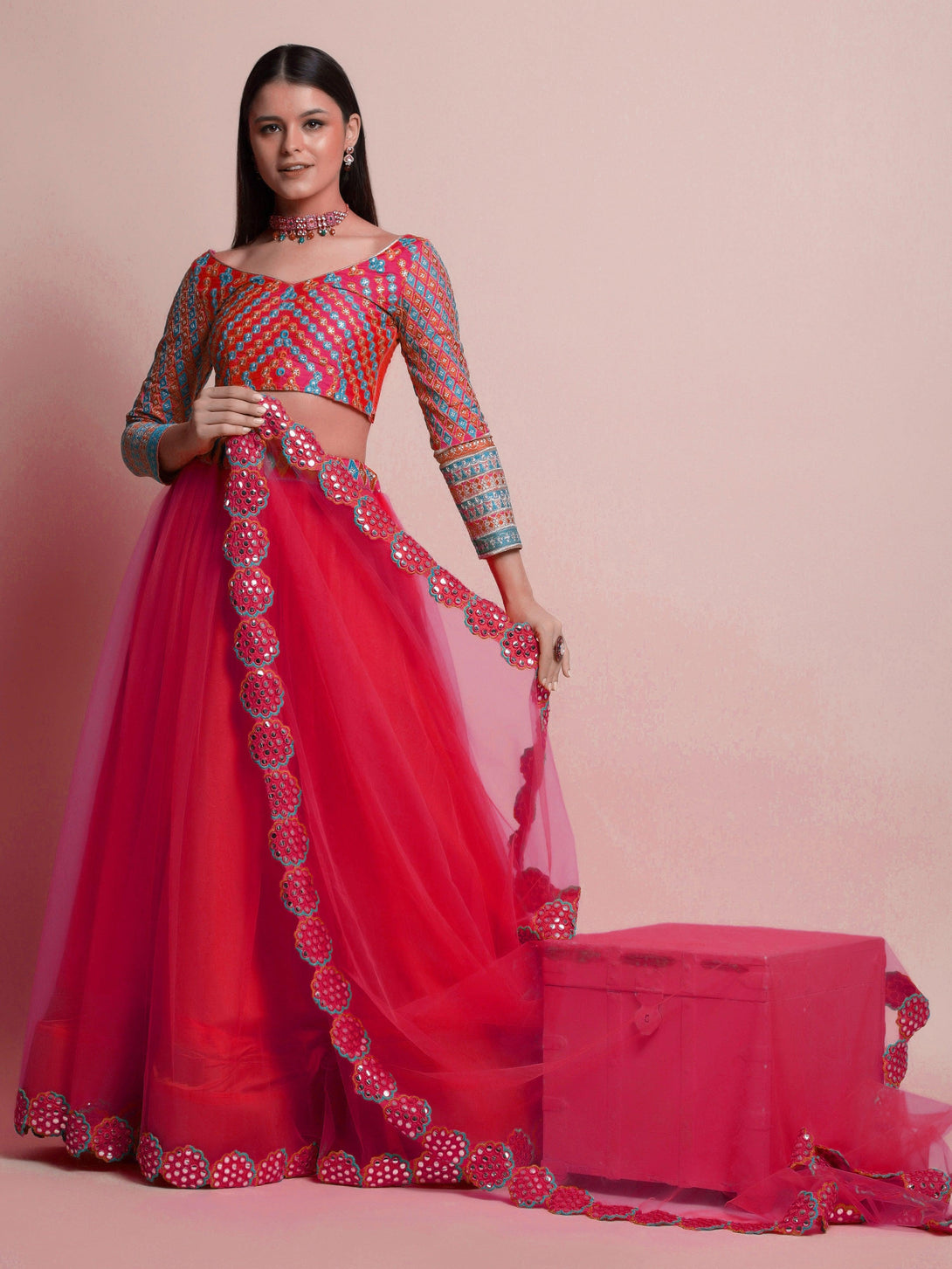 Red Net Lehenga Choli with Mirror-Work - Indiakreations