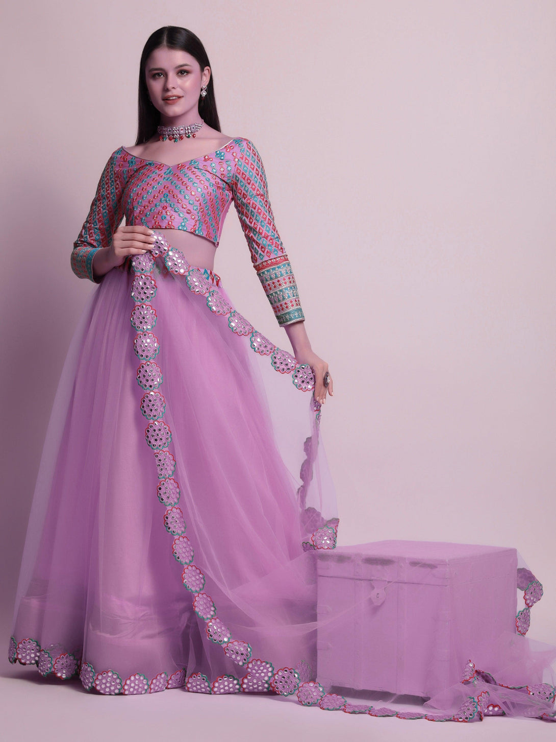 Lavender Net Lehenga Choli with Mirror-Work - Indiakreations