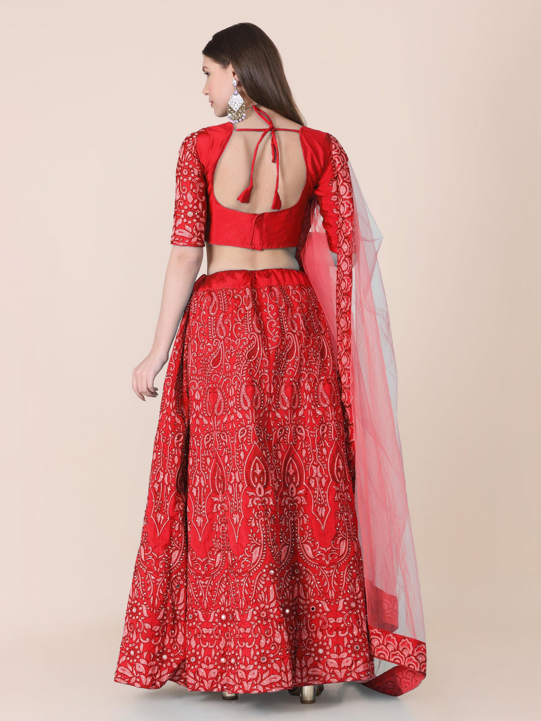 Red Taffeta Silk Lehenga Choli with Floral Embroidery - Indiakreations