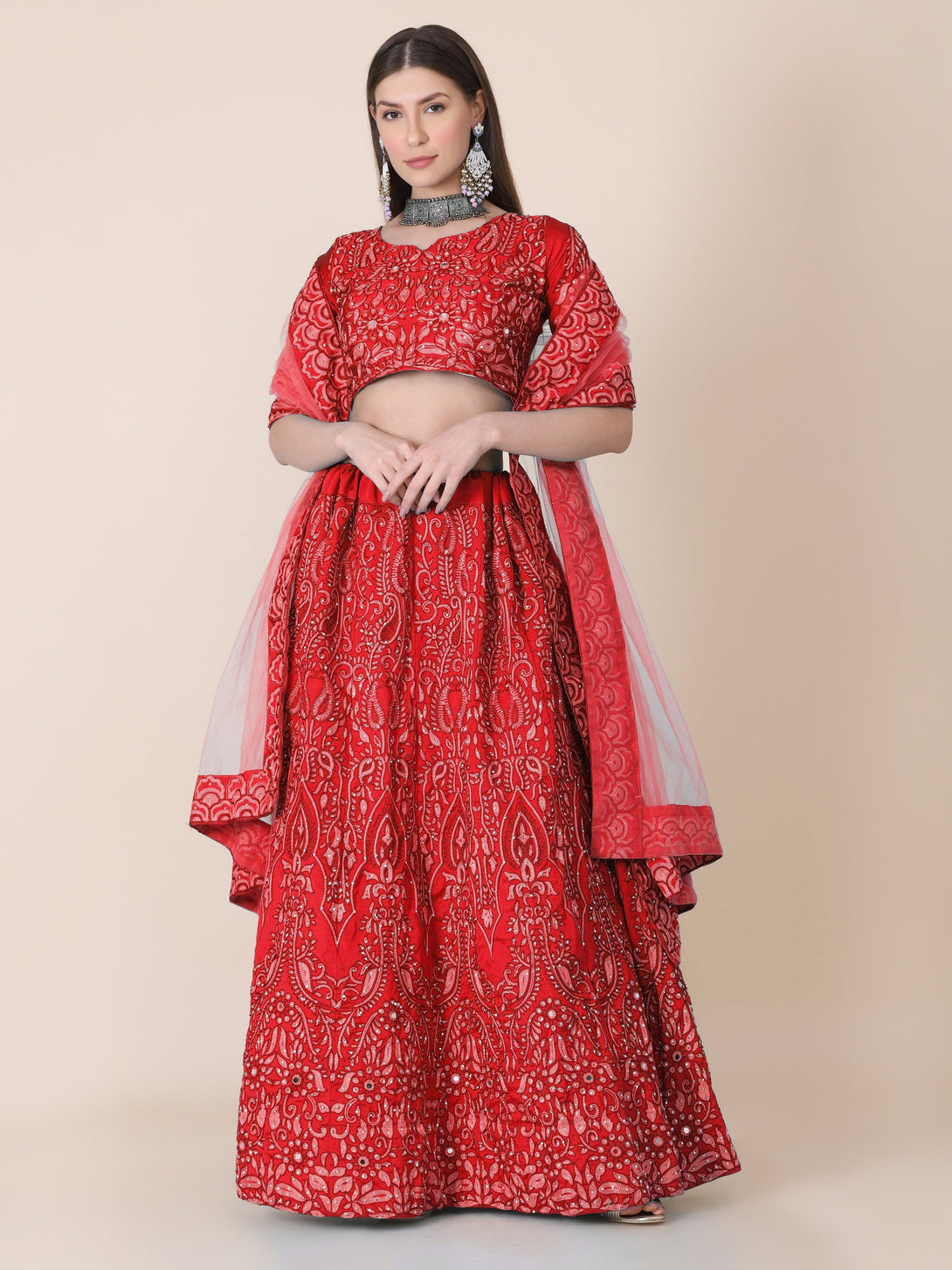 Red Taffeta Silk Lehenga Choli with Floral Embroidery - Indiakreations