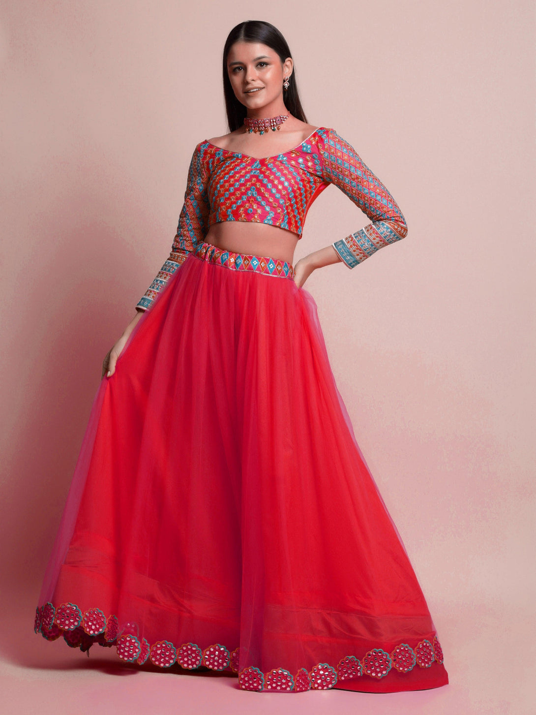 Red Net Lehenga Choli with Mirror-Work - Indiakreations