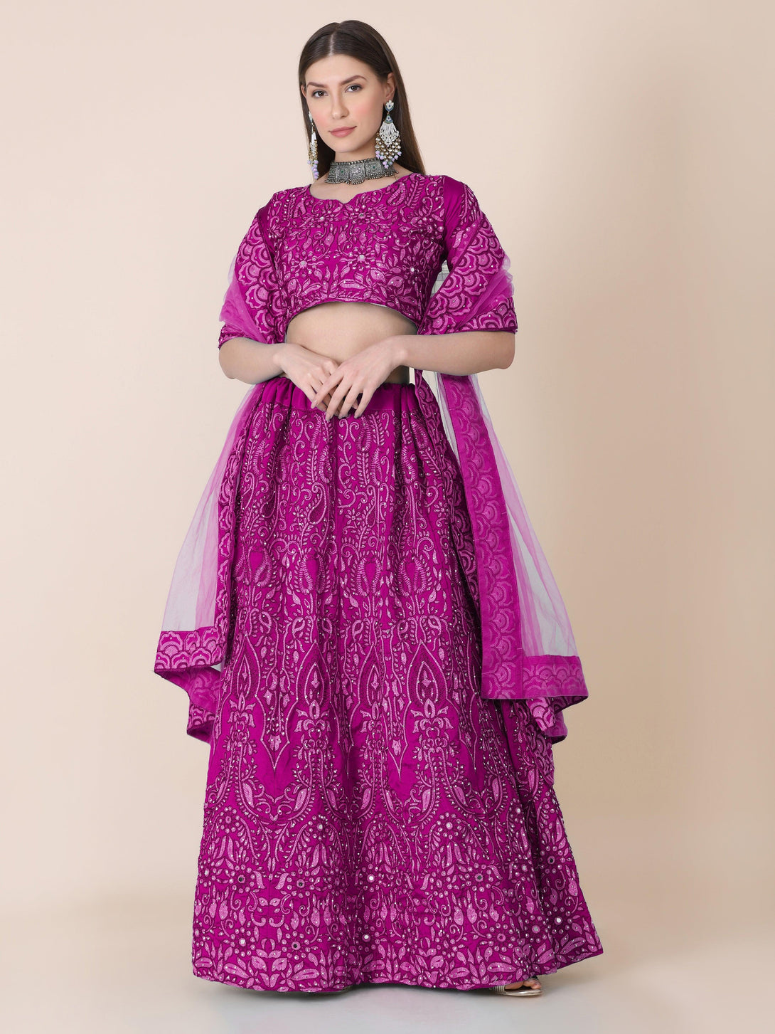 Purple Taffeta Silk Lehenga Choli with Floral Embroidery - Indiakreations