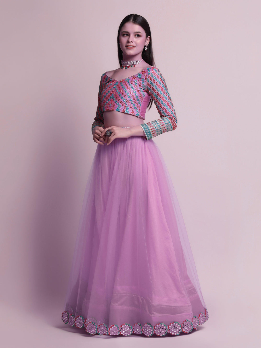 Lavender Net Lehenga Choli with Mirror-Work - Indiakreations