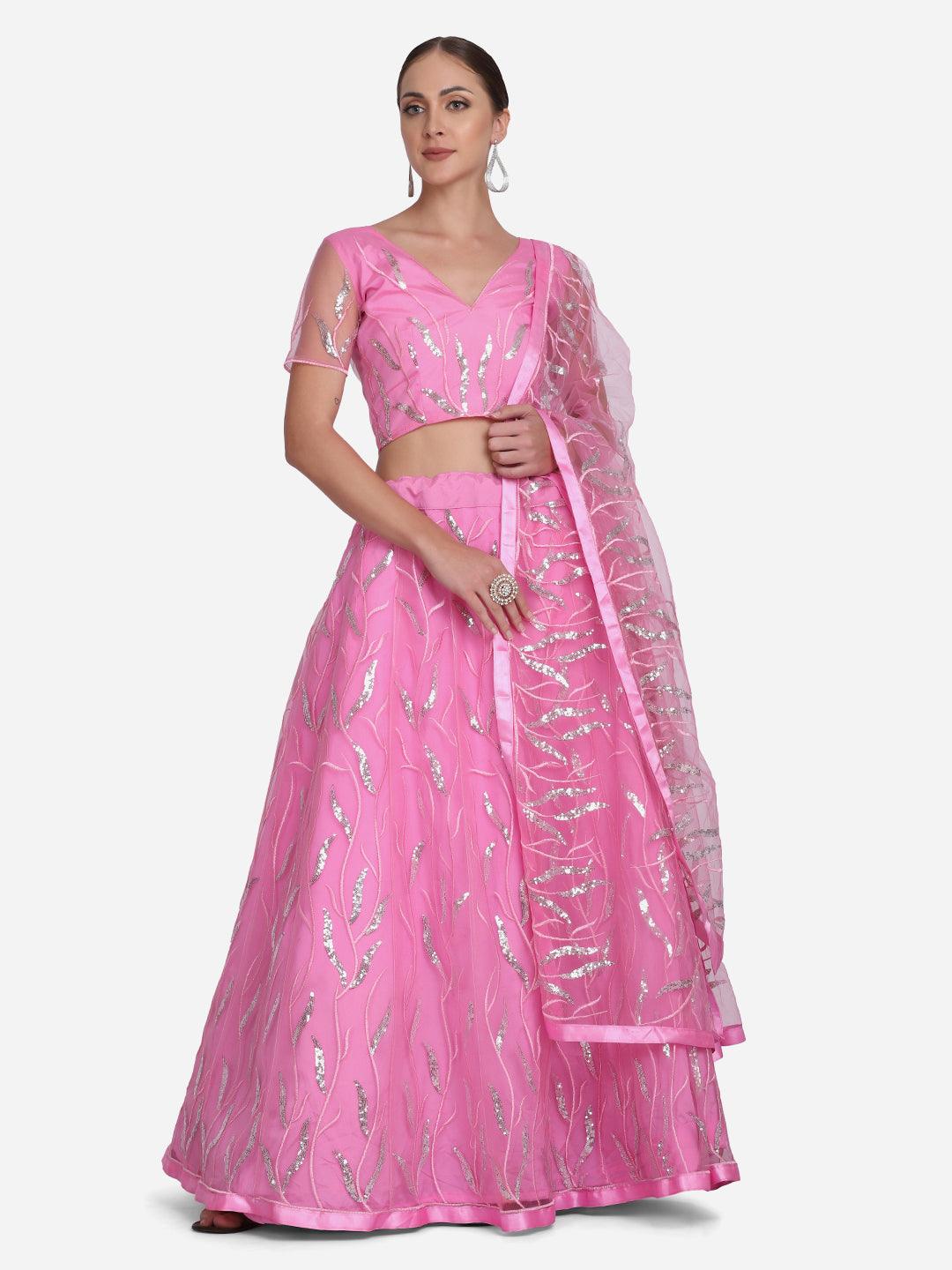 Light Pink Heavy Net Lehenga Choli Semi-Stitched - Indiakreations