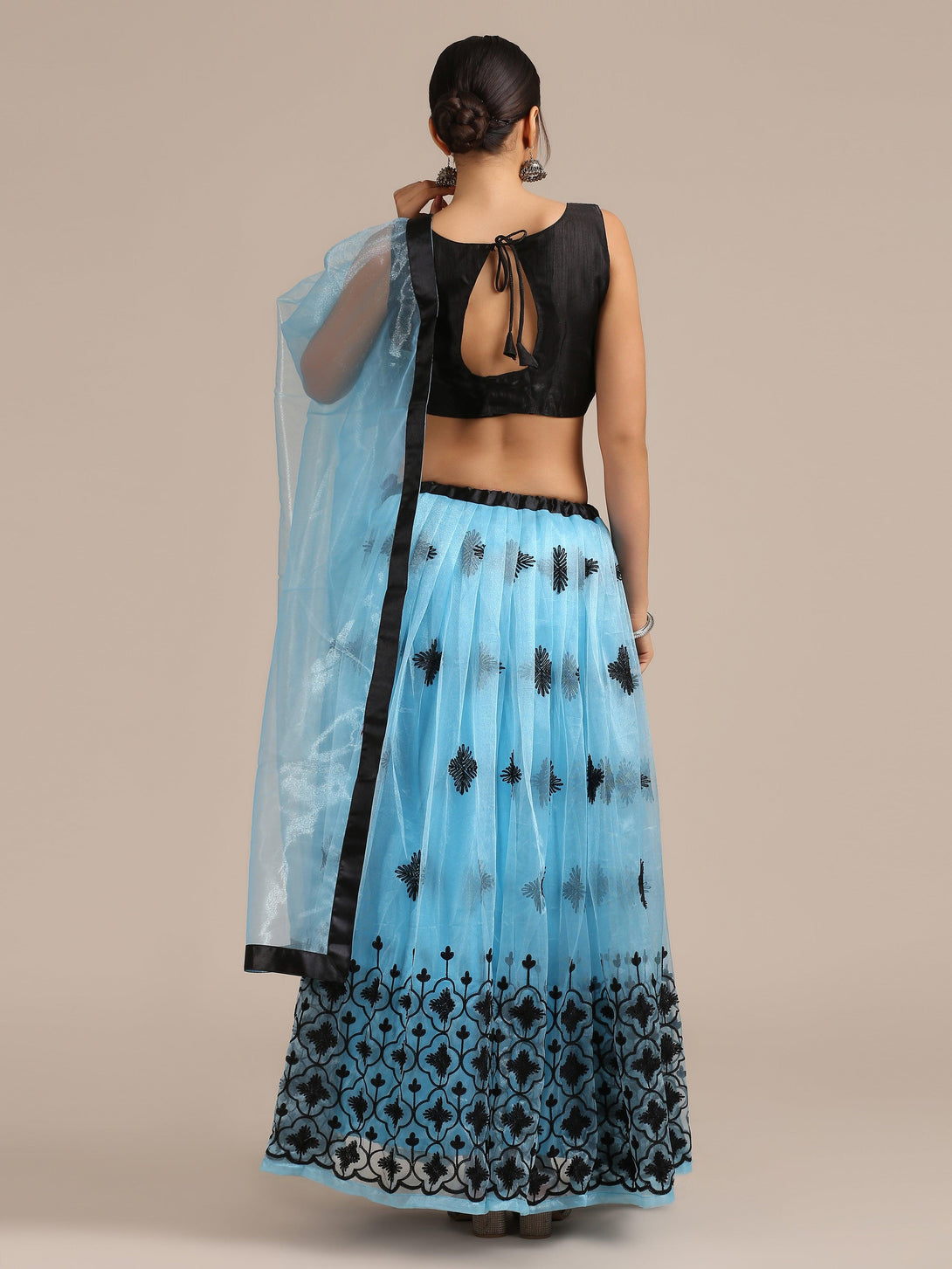 Light Blue Heavy Net Lehenga Choli Semi-Stitched - Indiakreations