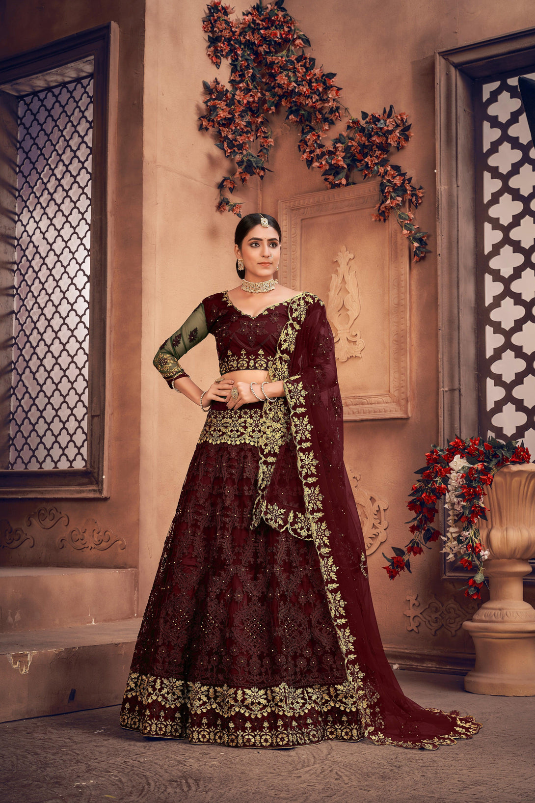 Maroon Heavy Net Lehenga Choli Semi-Stitched - Indiakreations