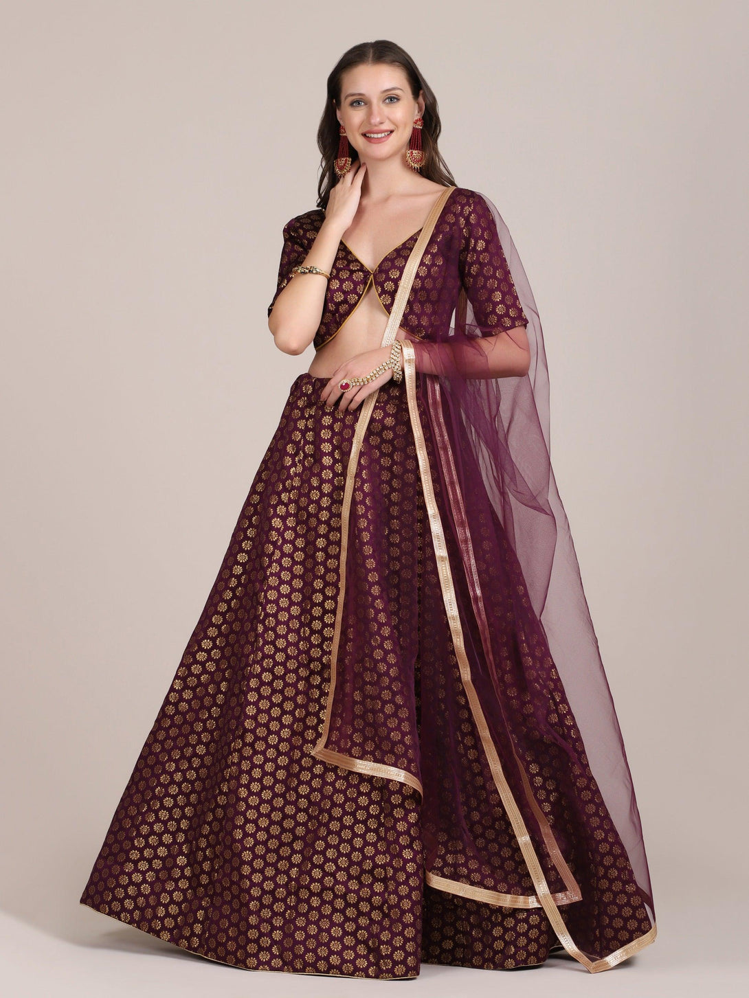 Purple Jacquard Silk Lehenga Choli with Zari Work - Indiakreations