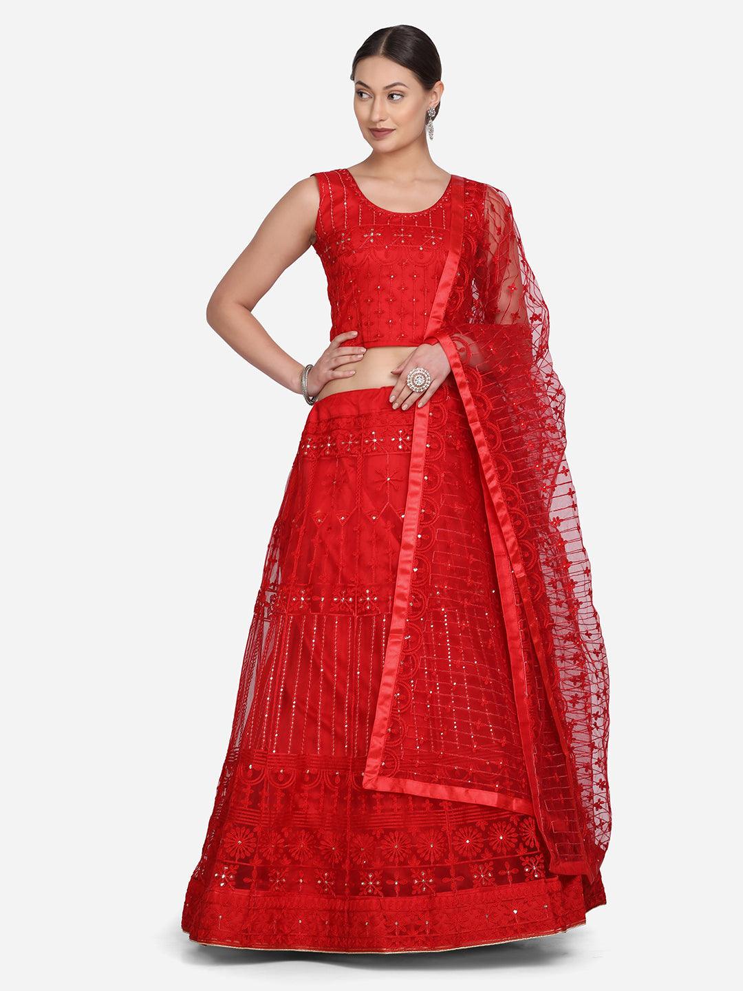 Heavy Net Lehenga Choli with Ethinc Embroidery in Red - Indiakreations