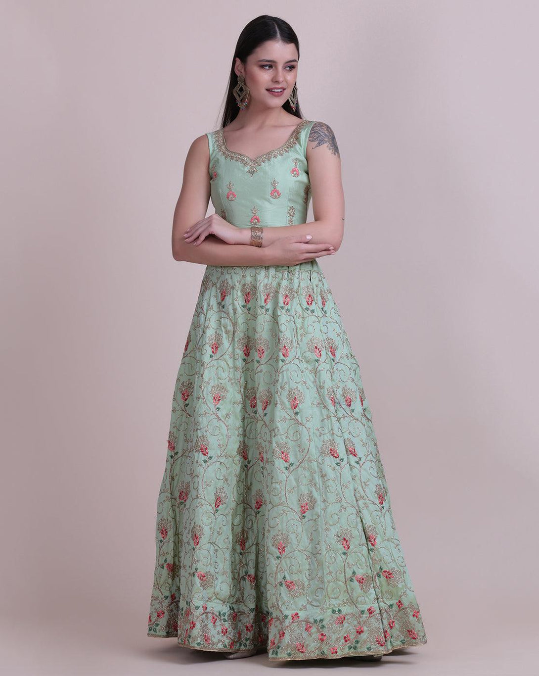 Light Green Taffeta Silk Lehenga Choli with Floral Embroidery - Indiakreations