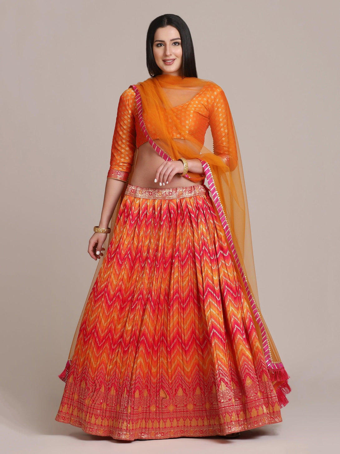 Orange Silk Blend Pleated Lehenga Choli with Zari Work - Indiakreations