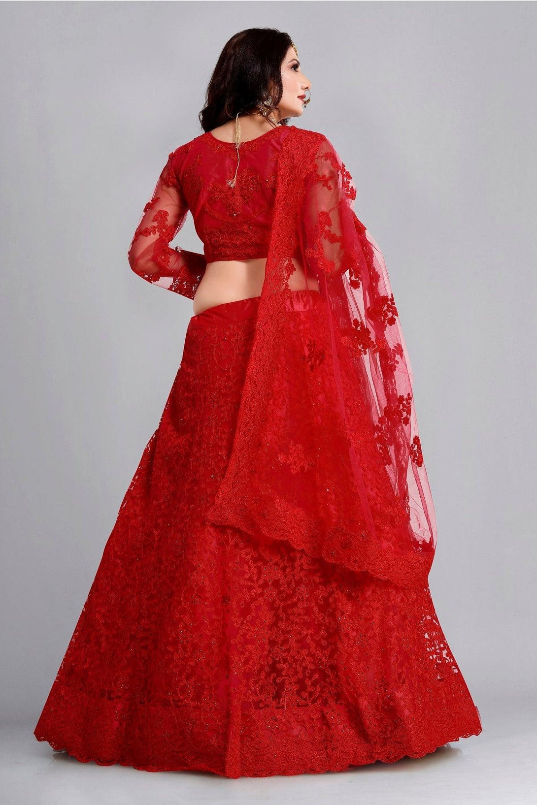 Red Net Lehenga Choli with Detailed Floral Embroidery - Indiakreations