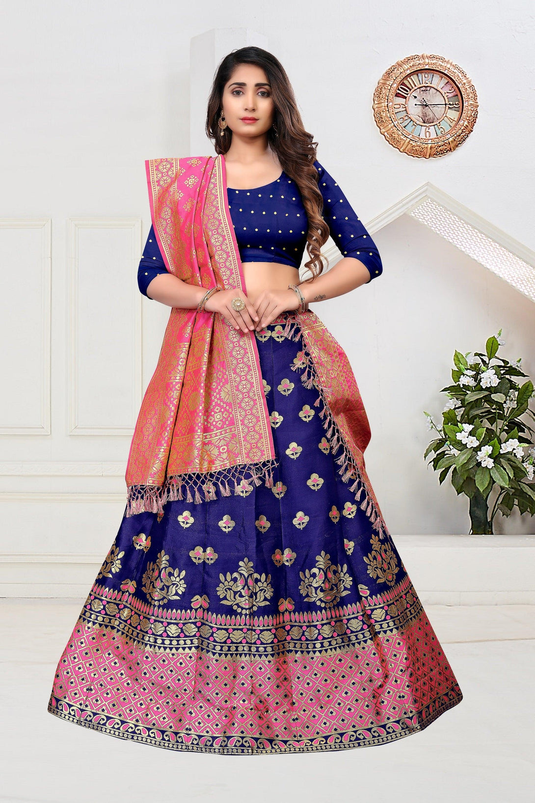 Multi Coloured Jacquard Silk Lehenga Choli with Gold Weaving - Indiakreations