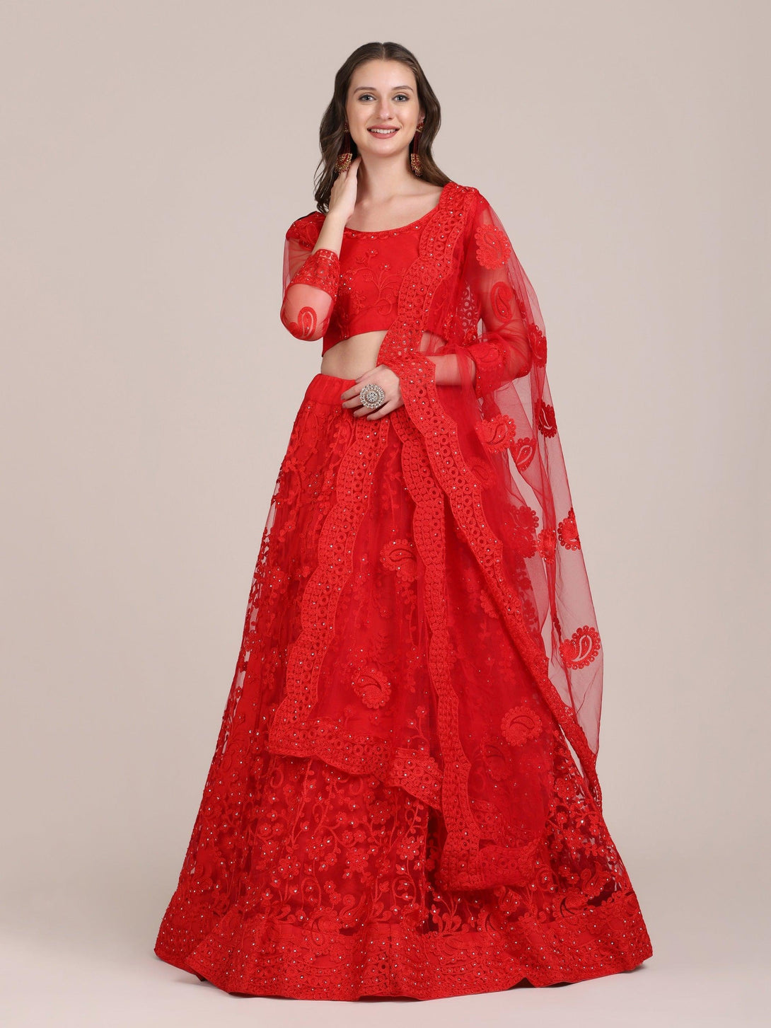 Red Net Lehenga Choli with Floral Embroidery - Indiakreations