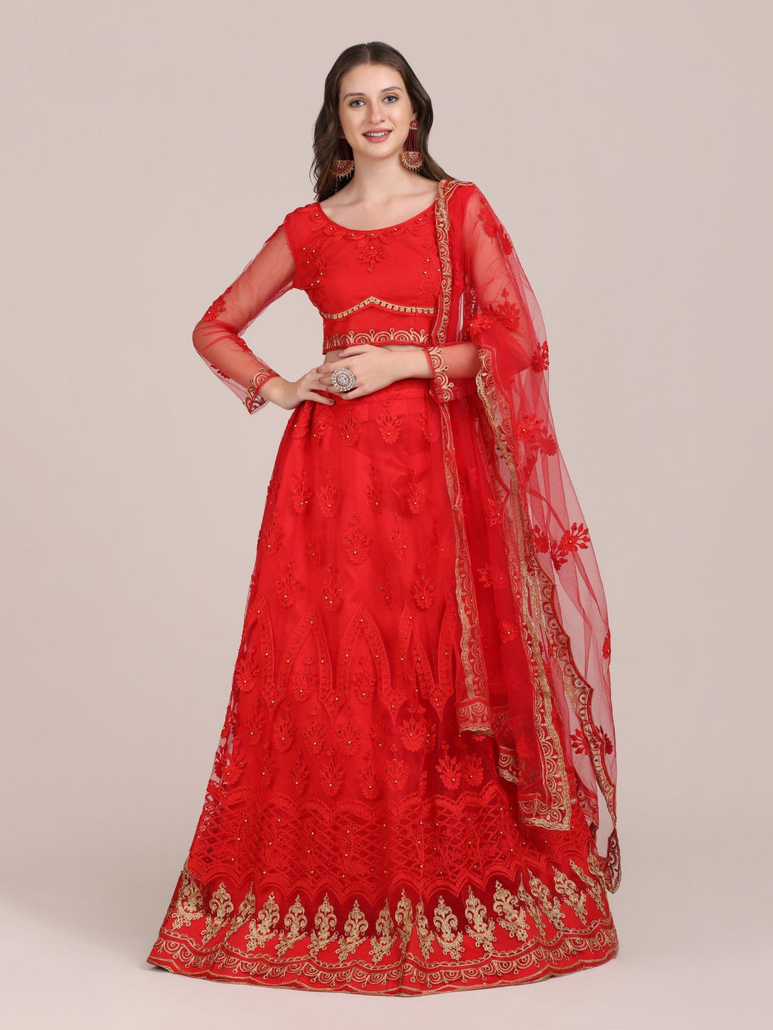 Red Semi-Stitched Net Lehenga Choli with Golden Embroidery - Indiakreations