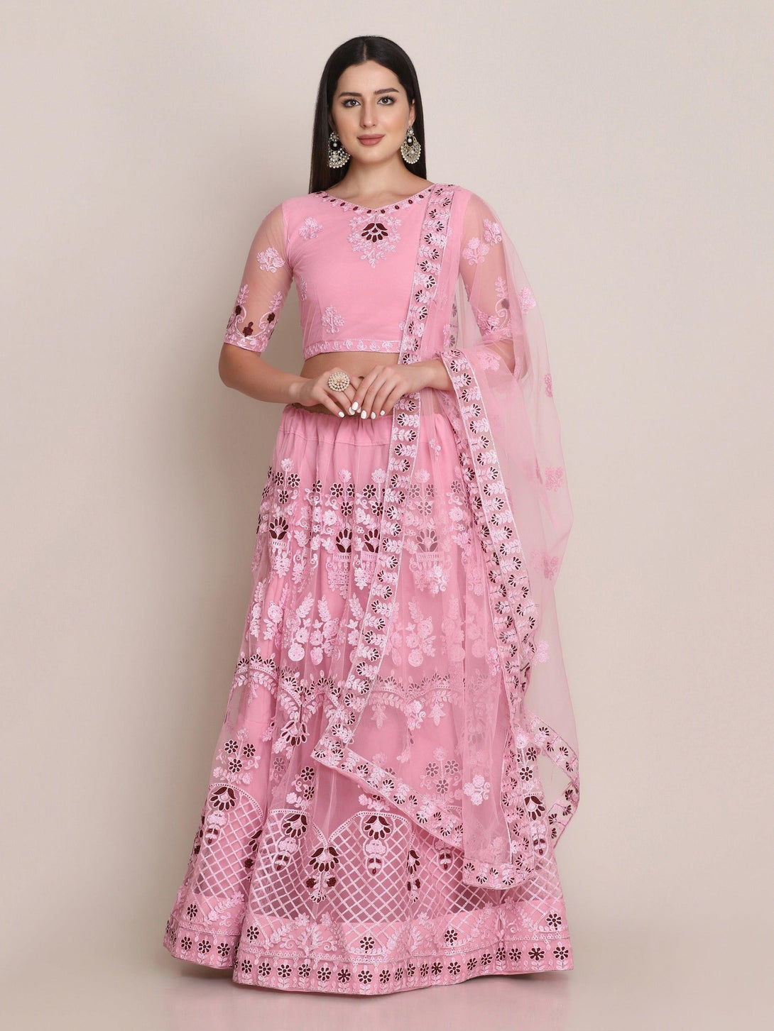 Light Pink Net Lehenga Choli with Floral Embroidery - Indiakreations