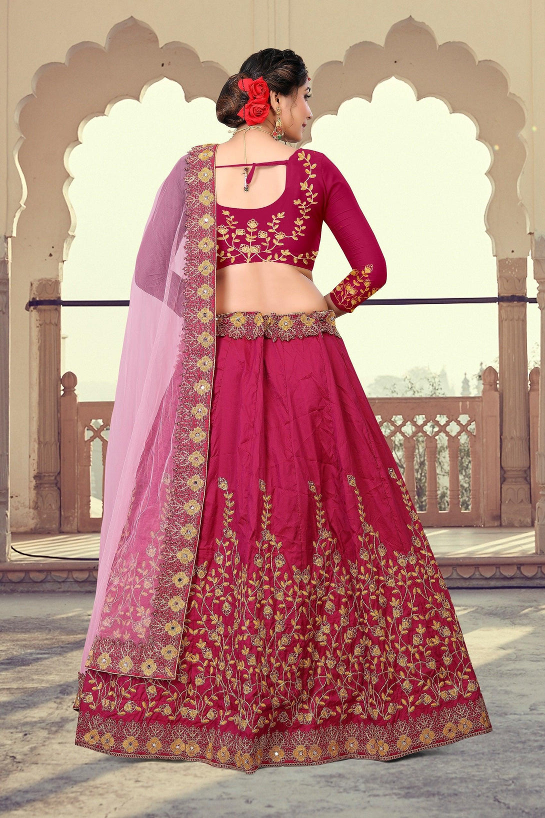 Pink Taffeta Silk Gold Embroidered Lehenga Choli - Indiakreations