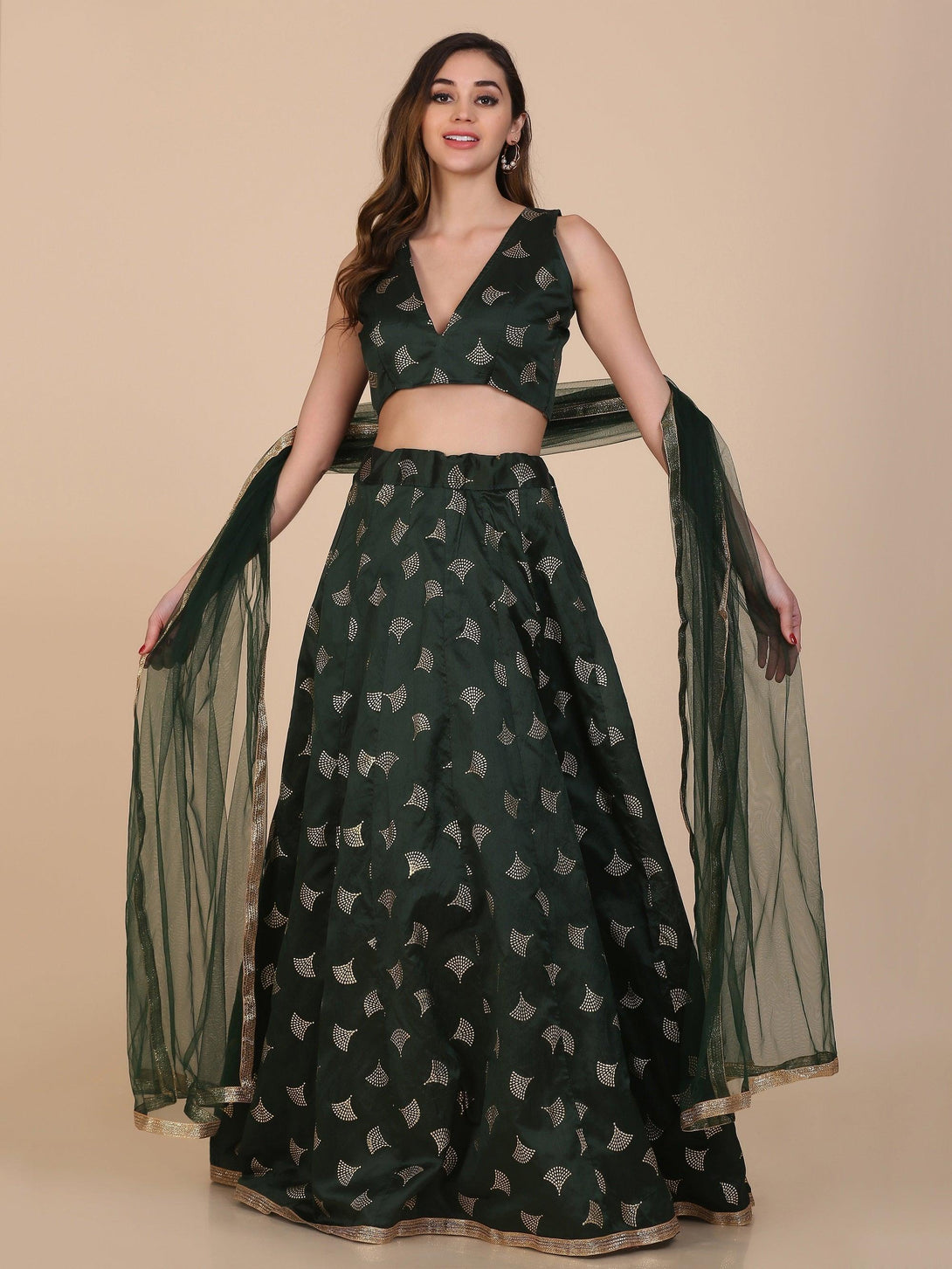 Green Taffeta Silk Lehenga Choli with Foil Work - Indiakreations