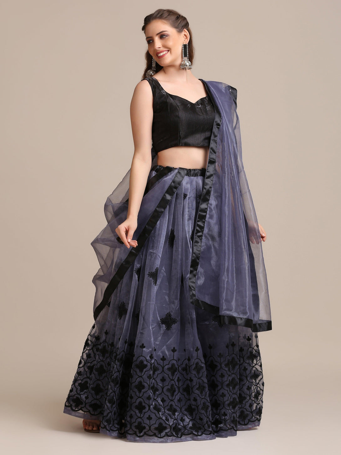 Grey Heavy Net Lehenga Choli Semi-Stitched - Indiakreations