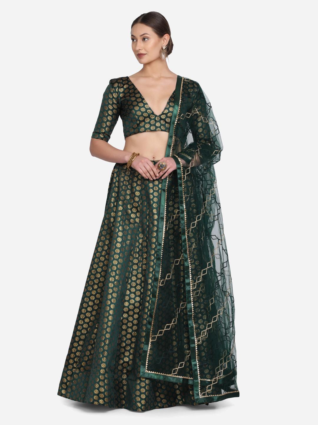 Green Jacquard Silk Lehenga Choli with Zari Work - Indiakreations