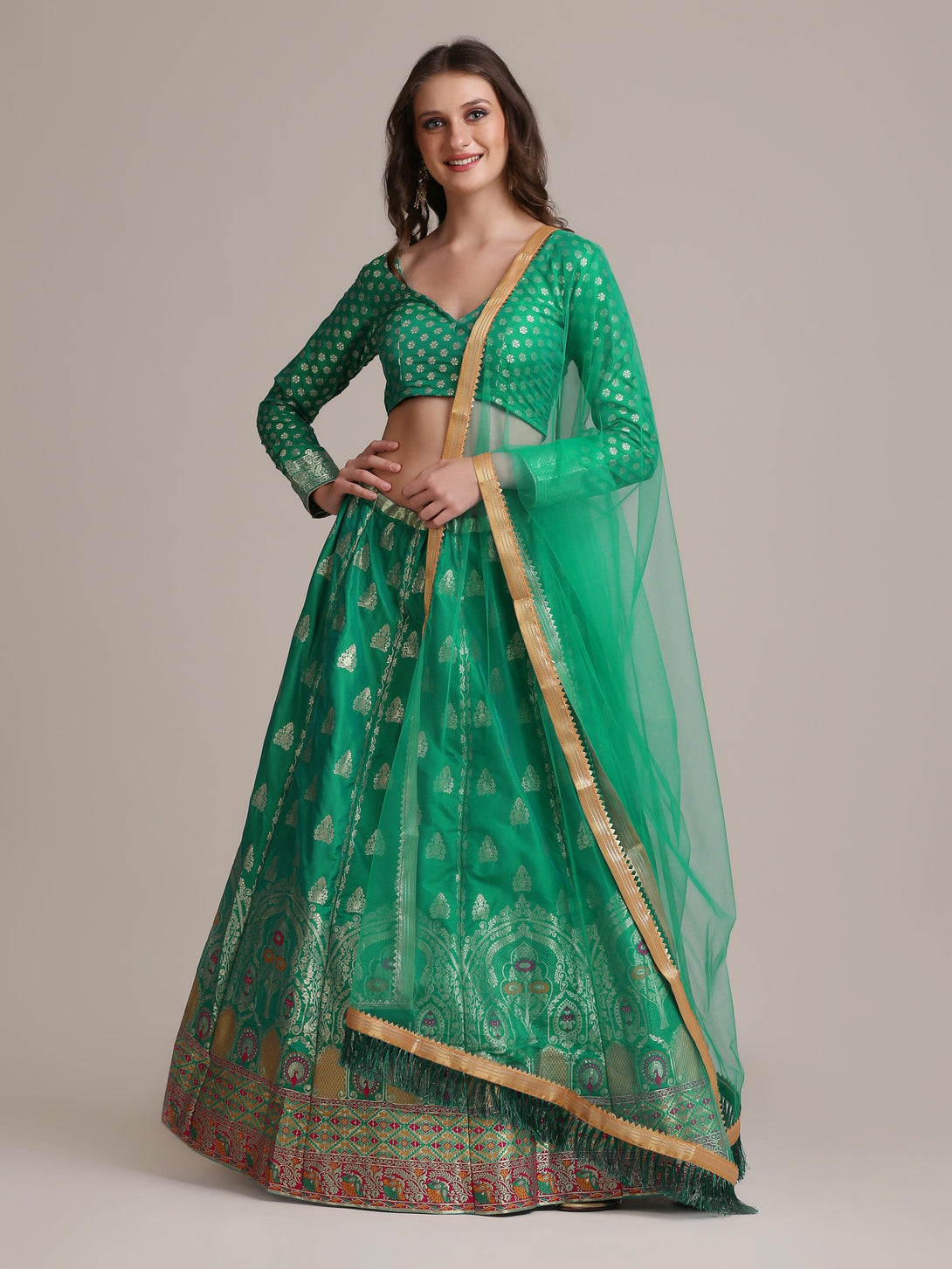 Rama Gold Woven Jacquard Silk Lehenga Choli - Indiakreations