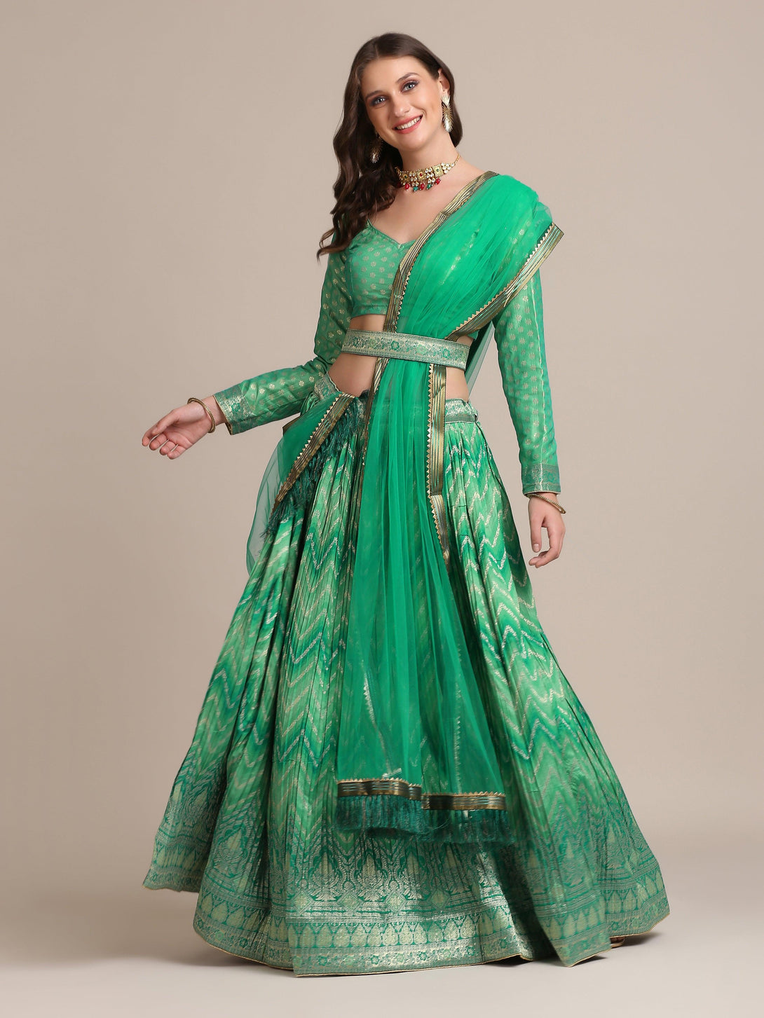 Green Gold Woven and Pleated Lehenga Choli - Indiakreations