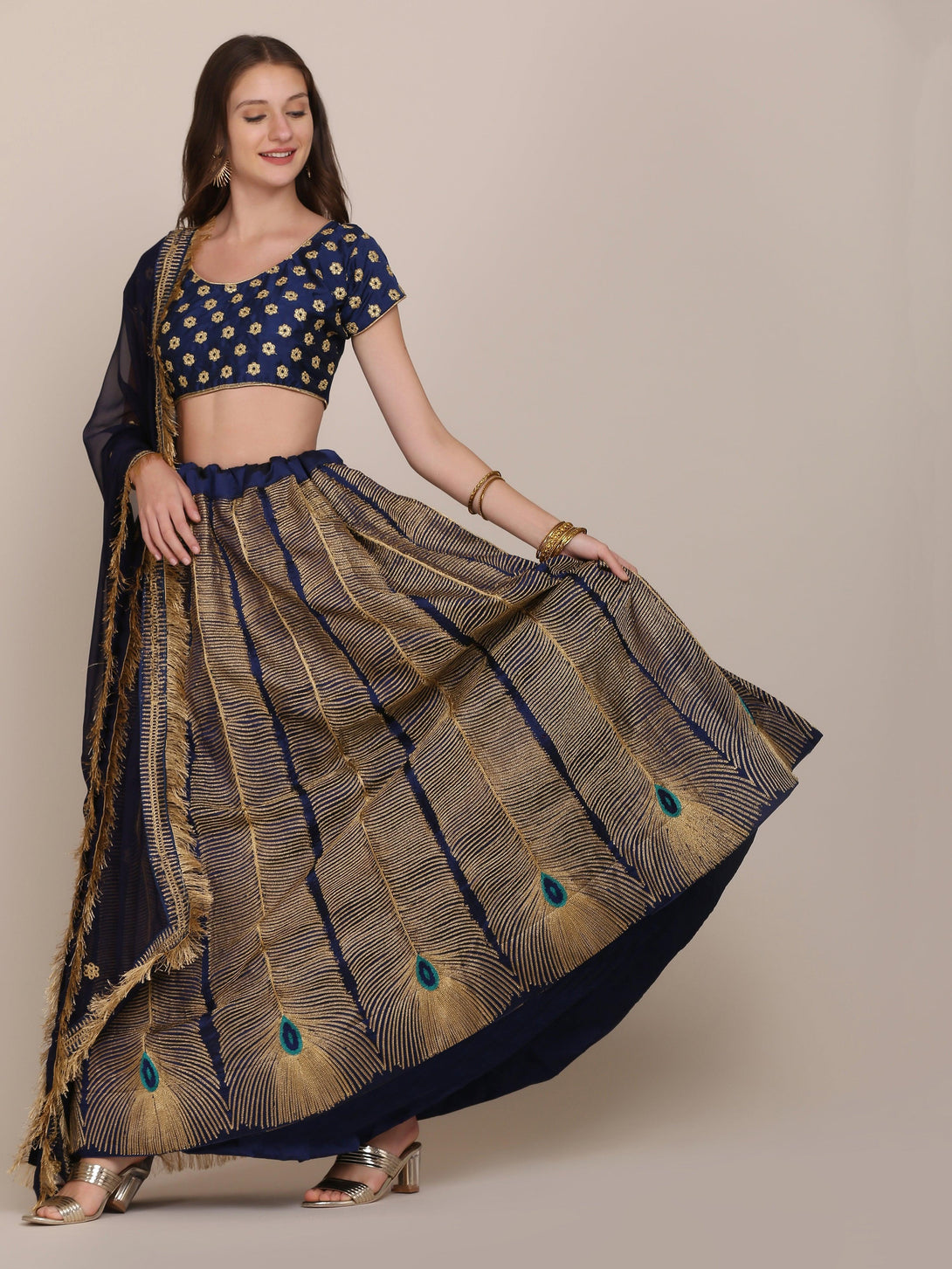 Navy Blue Morpankh Print Banglory Silk Lehenga Choli - Indiakreations