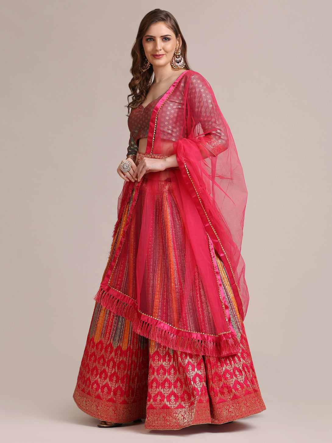 Multi Colour Gold Woven and Pleated Lehenga Choli - Indiakreations