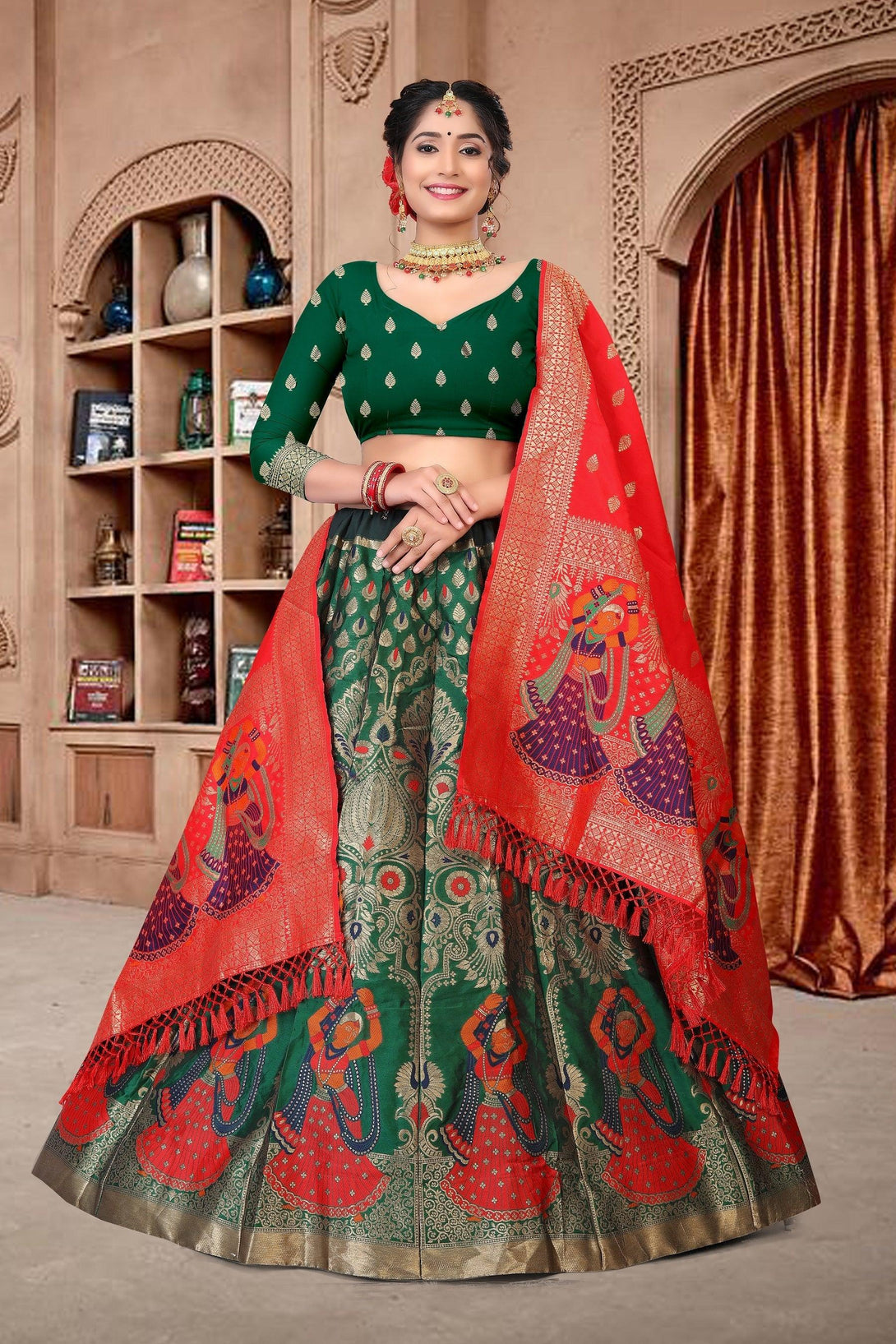 Green Jacquard Silk Lehenga Choli with Emboidery - Indiakreations