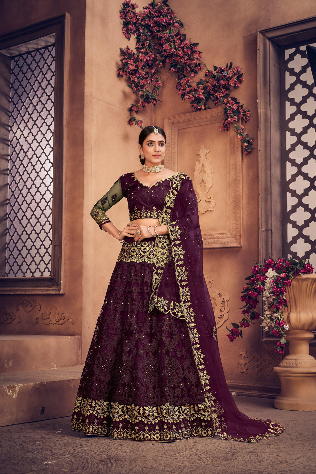 Semi-Stitched Dark Purple Heavy Net Lehenga Choli - Indiakreations