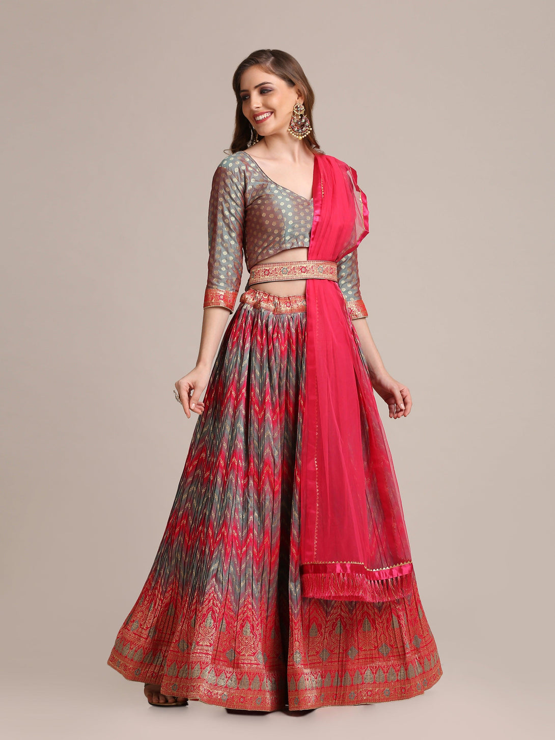 Orange Multi Colour Gold Woven Pleated Lehenga Choli - Indiakreations