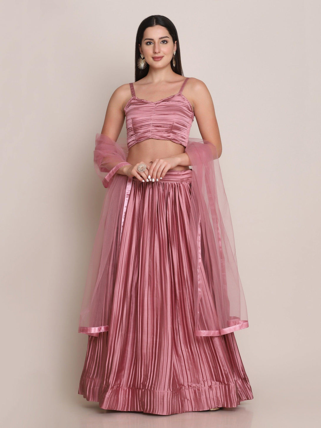 Light Pink Pleated Solid Lehenga Choli - Indiakreations