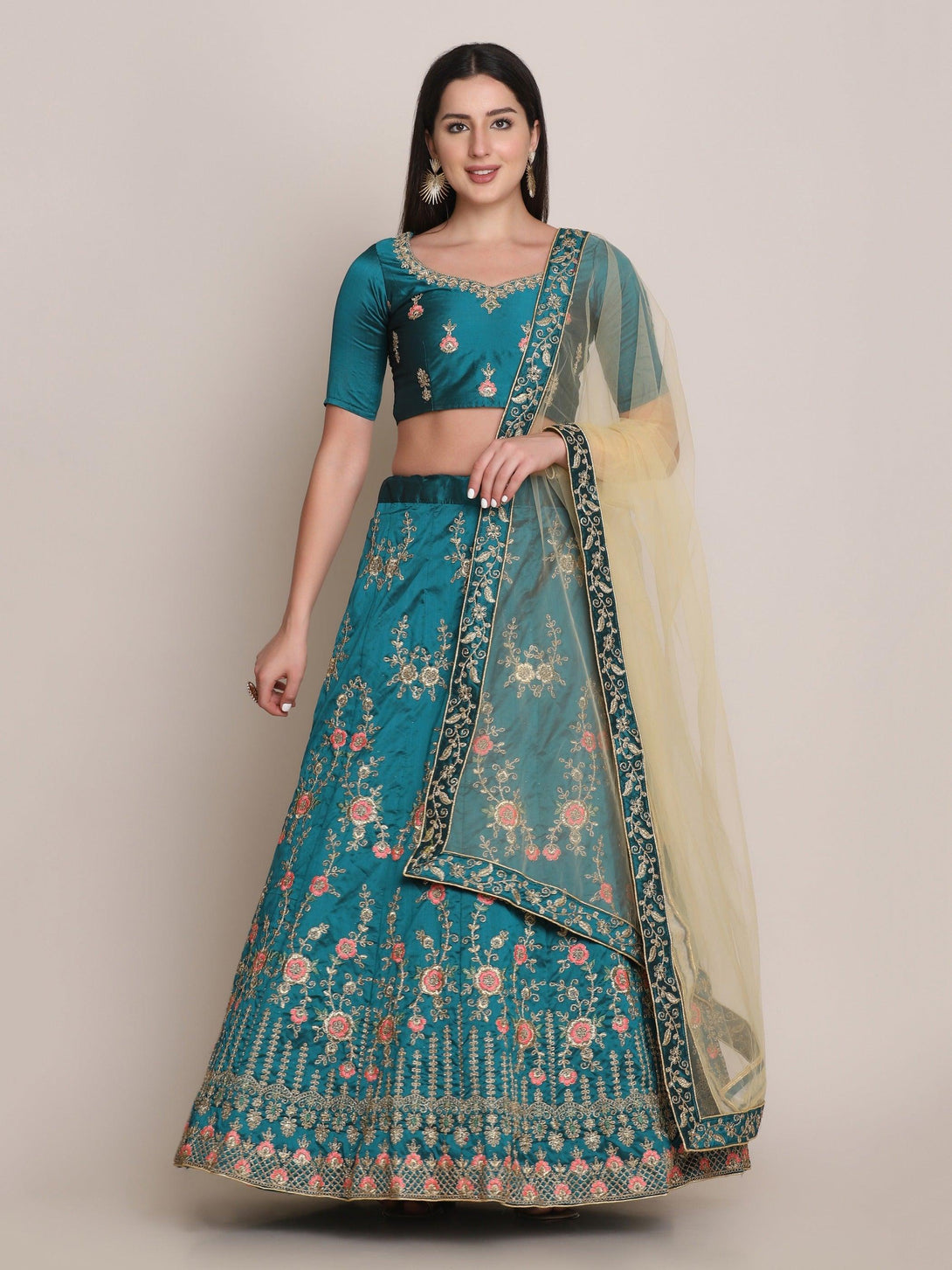 Sea Green Taffeta Silk Embroidered Lehenga Choli - Indiakreations