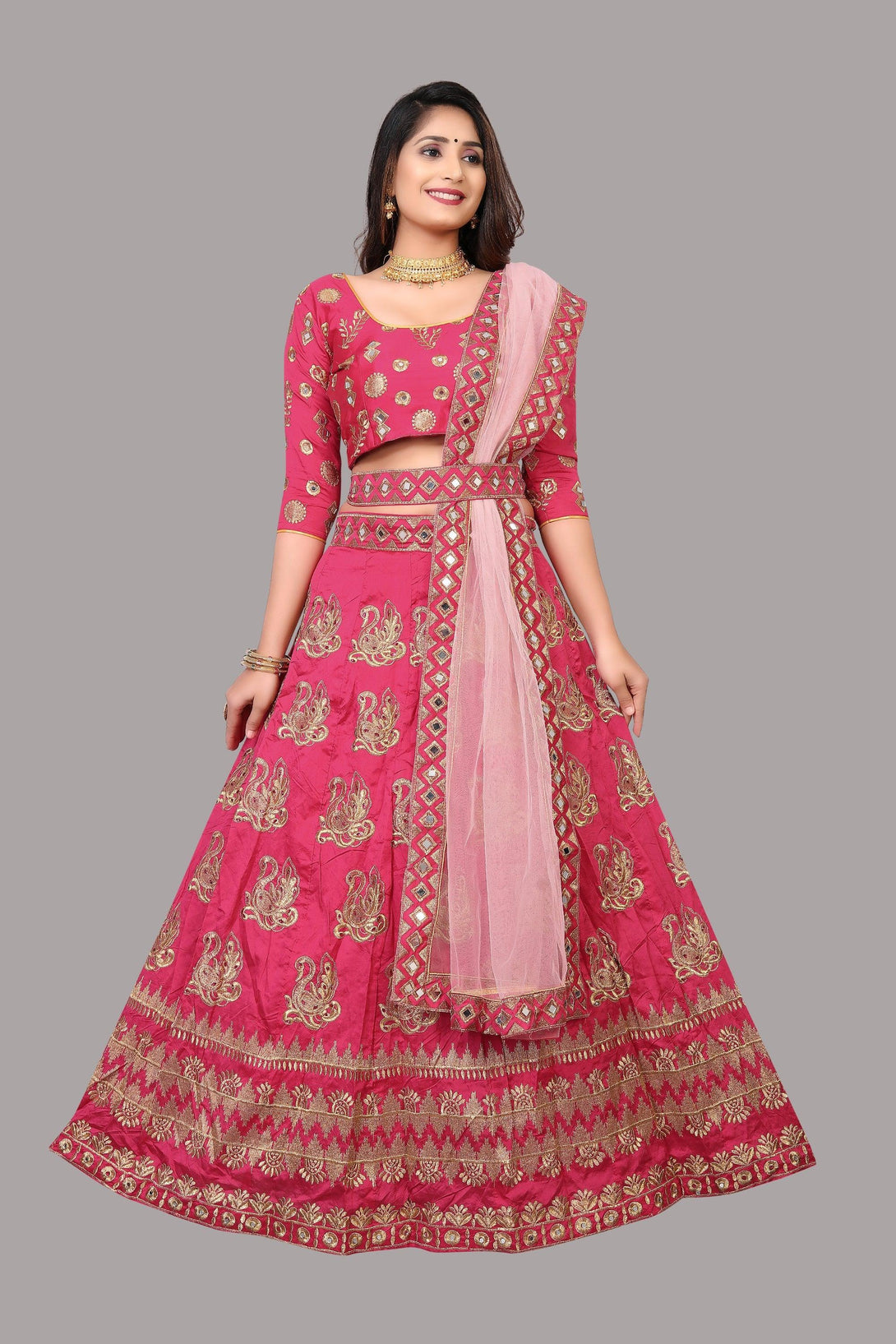 Semi-Stitched Pink Taffeta Silk Lehenga Choli - Indiakreations