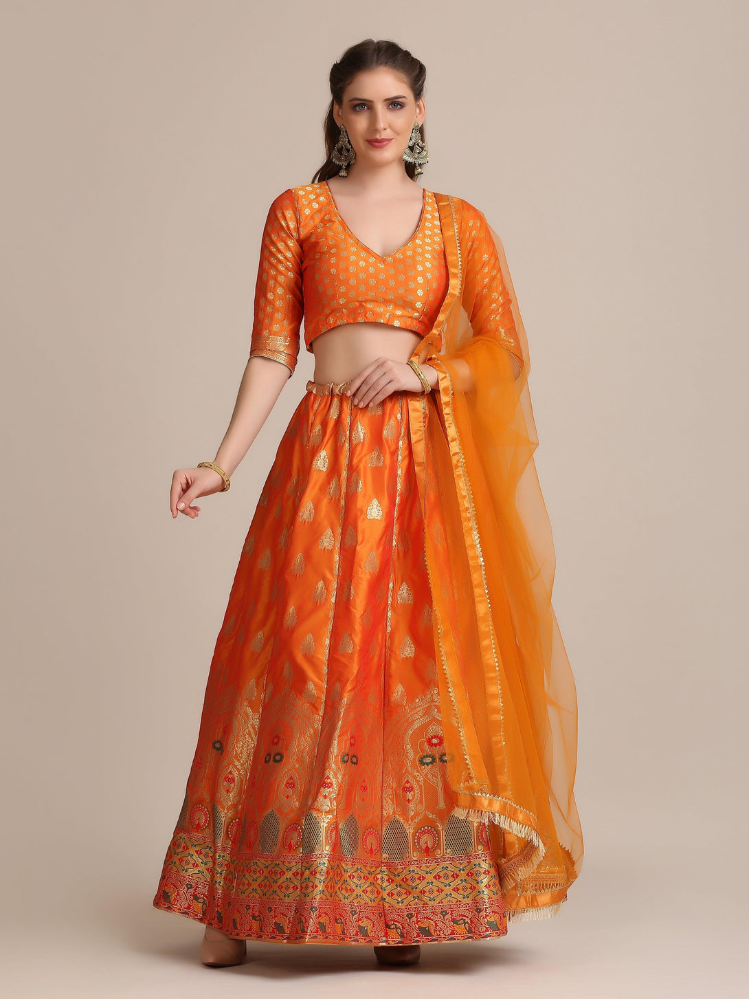 Mustard Jacquard Silk Lehenga Choli with Green and Gold Woven Work - Indiakreations