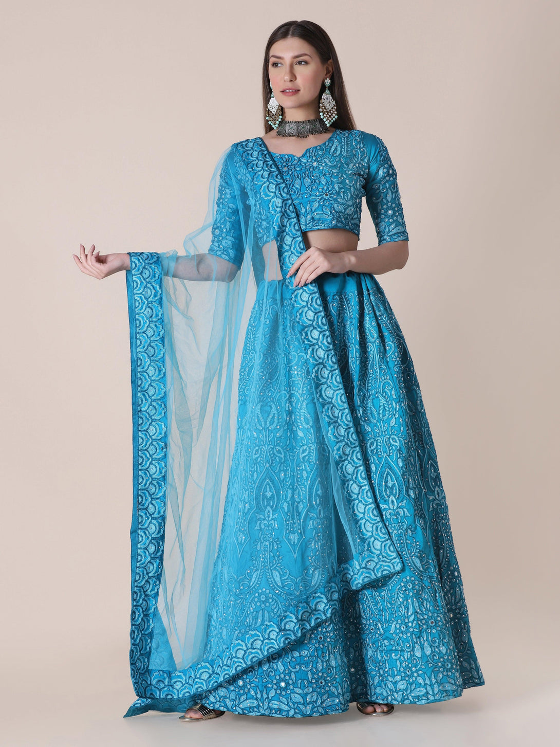 Sea Green Taffeta Silk Lehenga Choli with Floral Embroidery - Indiakreations