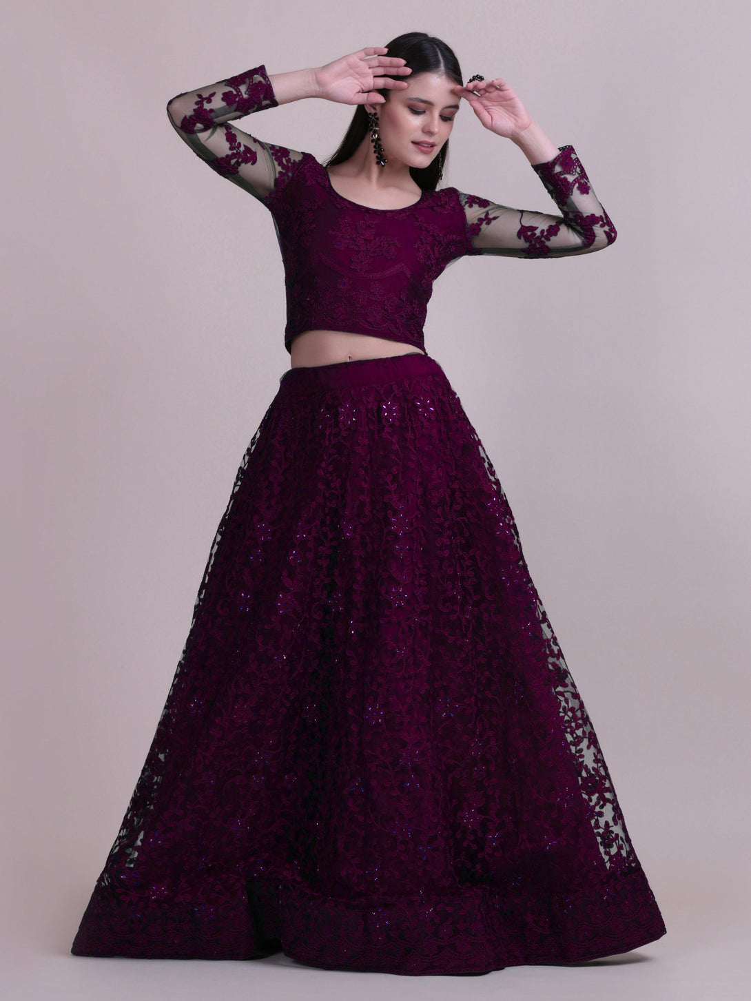 Purple Net Lehenga Choli with Floral Embroidery - Indiakreations