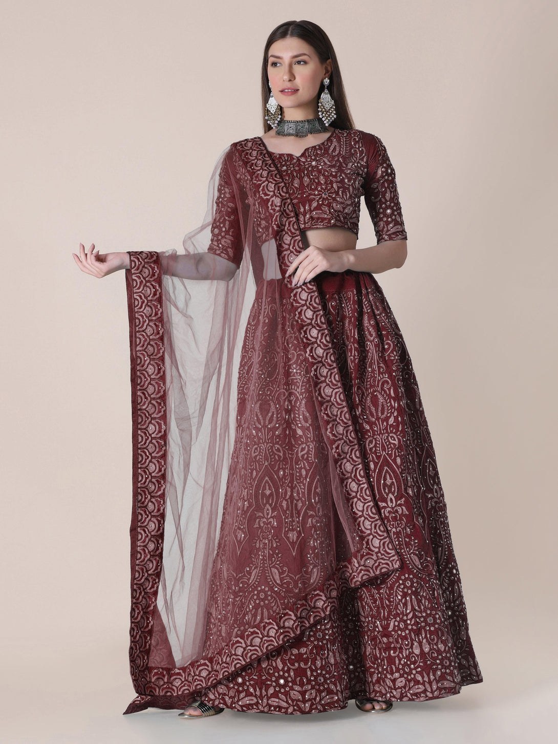 Maroon Taffeta Silk Lehenga Choli with Floral Embroidery - Indiakreations