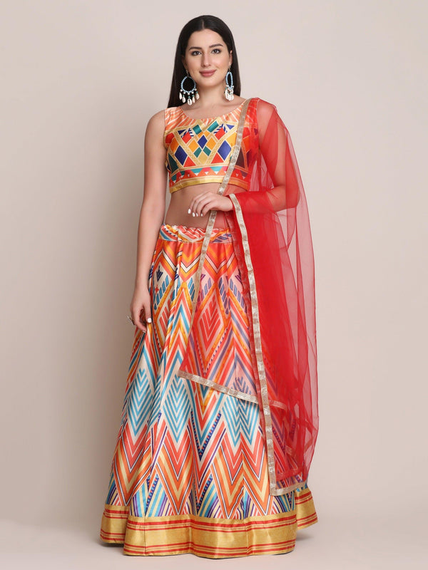 Multi Colour Printed Gota Zari Lehenga Choli - Indiakreations