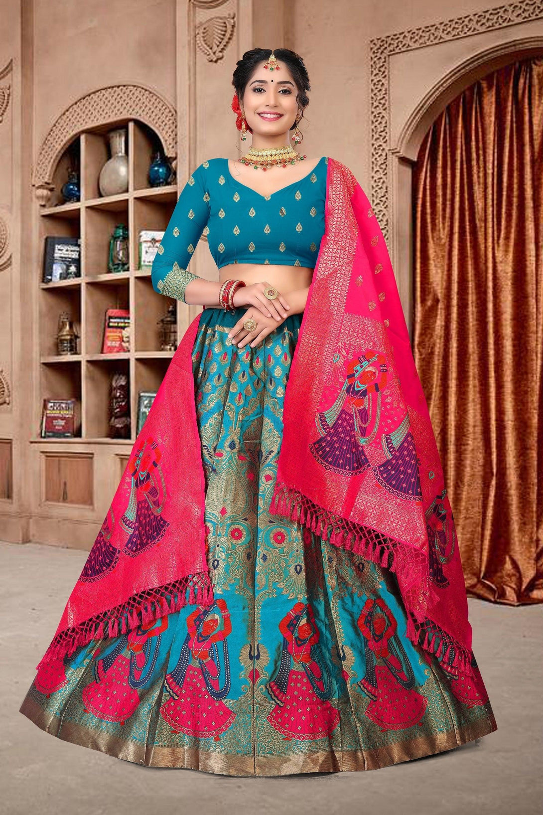 Sky Blue Jacquard Silk Lehenga Choli with Emboidery - Indiakreations