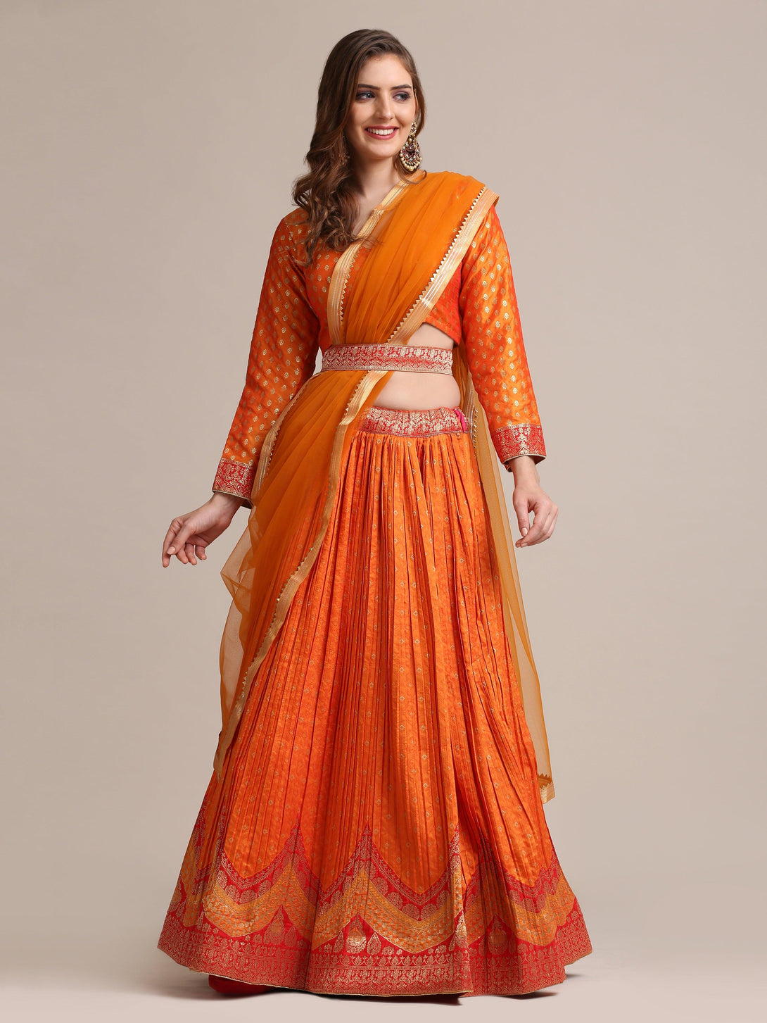 Orange Gold Woven Pleated Lehenga Choli in Ethnic Pattern - Indiakreations