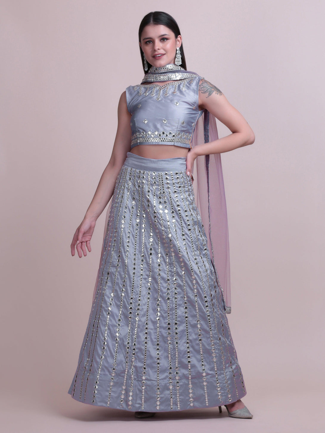 Grey Taffeta Silk Lehenga Choli with Mirror-Work - Indiakreations