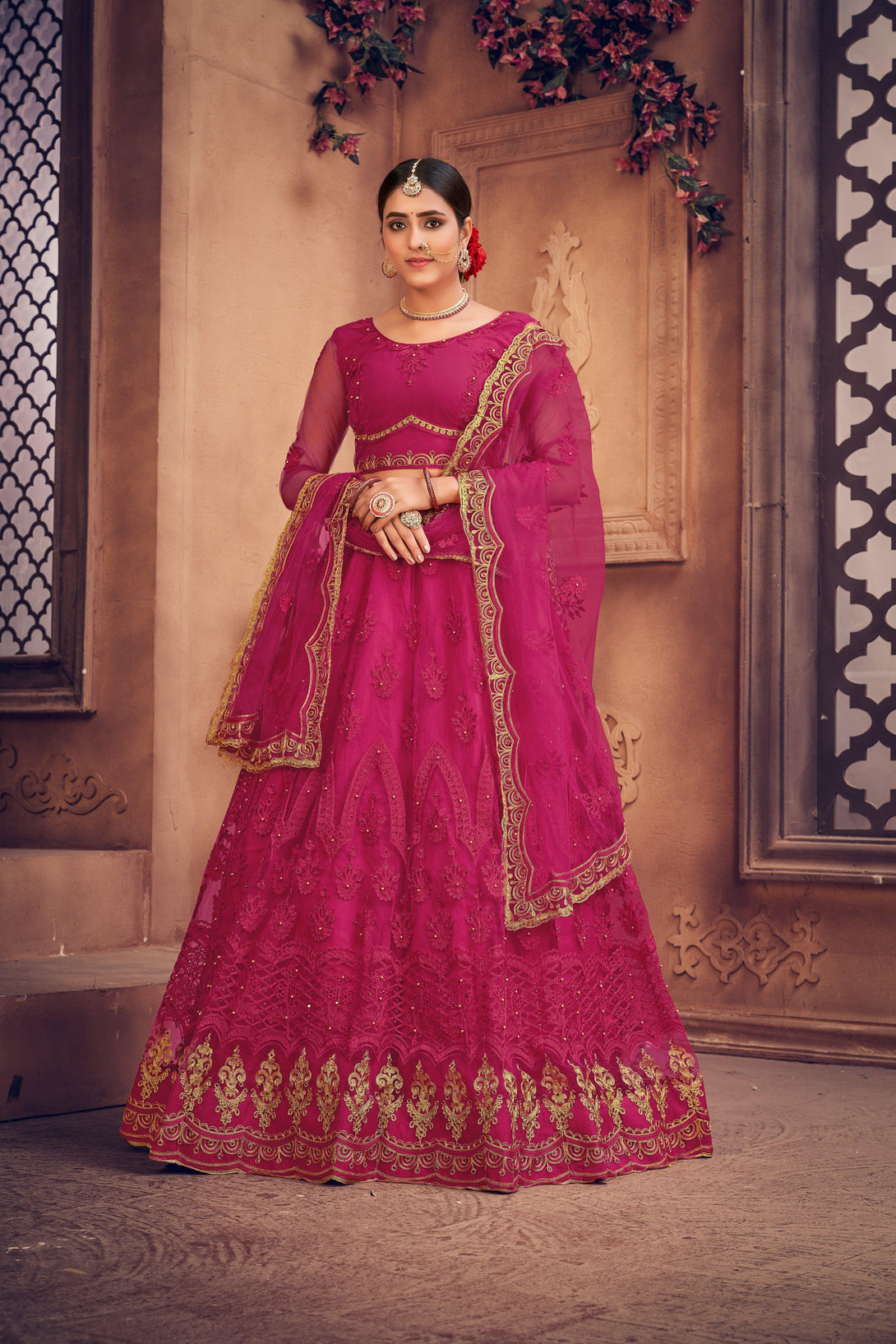 Pink Heavy Net Lehenga Choli with Gold Embroidery - Indiakreations