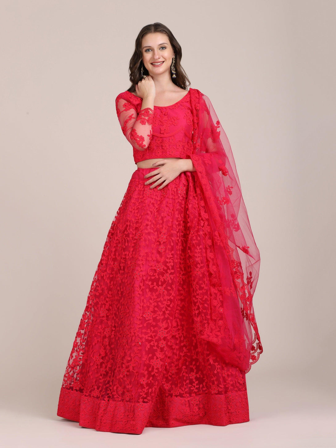 Hot Pink Net Lehenga Choli with Floral Embroidery - Indiakreations