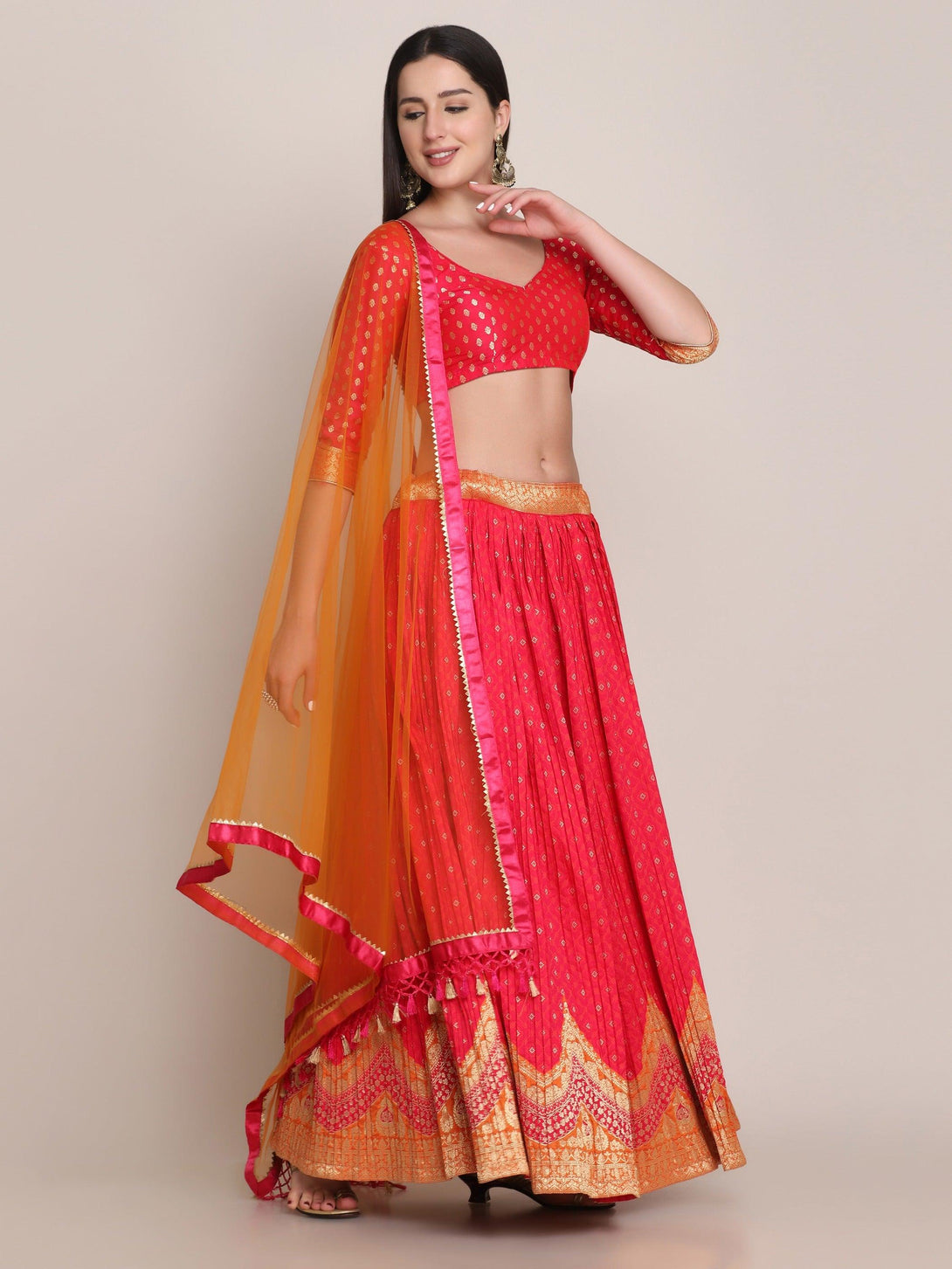 Pink Silk Blend Lehenga Choli with Gold Zari Work - Indiakreations