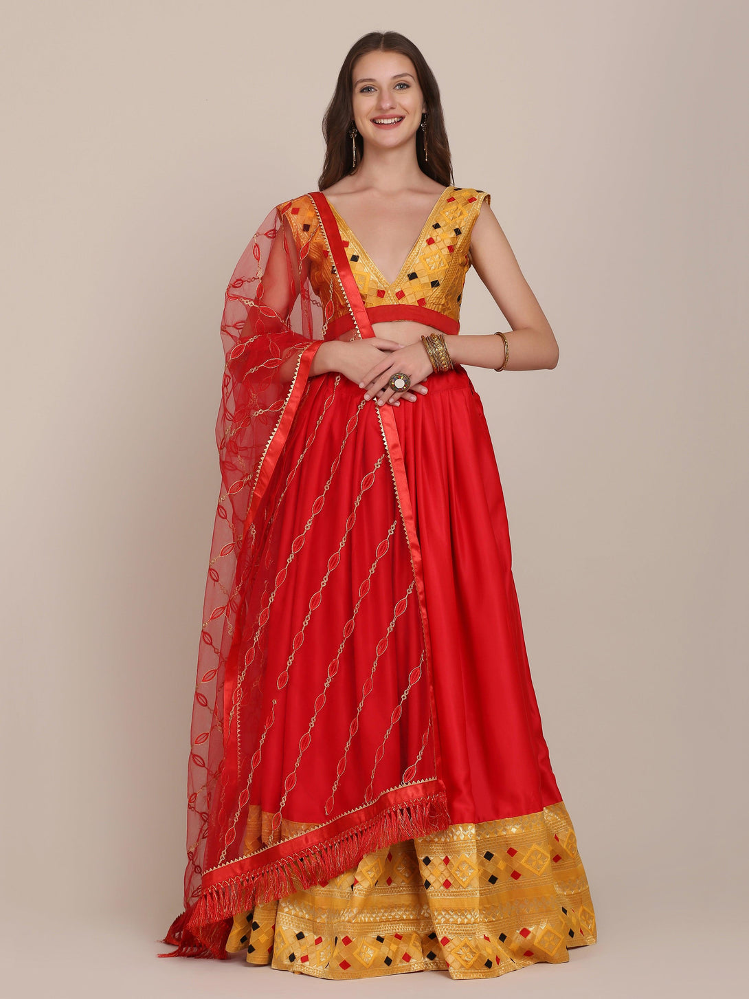 Red and Yellow Satin Silk Lehenga Choli - Indiakreations