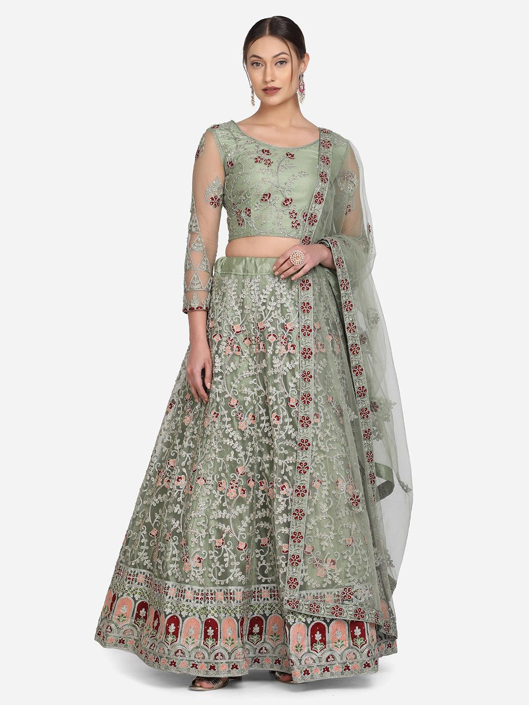 Light Green Net Lehenga Choli with Floral Embroidery - Indiakreations